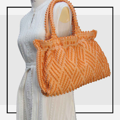 Nora ZigZag - Sustainable handwoven tote handbag  with gathered top - Orange multiple diamond pattern