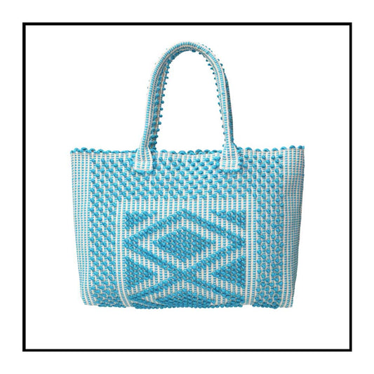 Urtei Medium Sustainable Tote Bag in Handwoven Turquoise  Linen and Cream Cotton with Iconic Rombi Pattern - Eco-Friendly Artisanal Design by Antonello Tedde