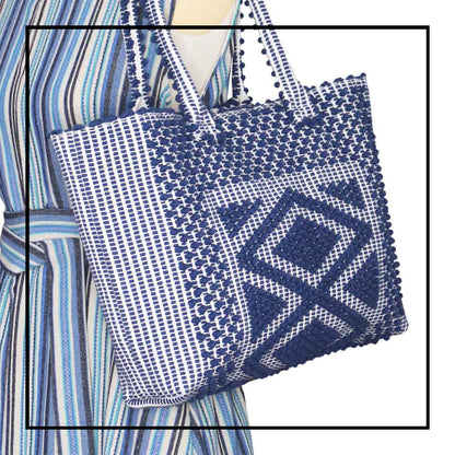 Urtei Rombi - Ethically Crafted Sardinian Handwoven Cotton tote: Sustainable Elegance preserving traditions BLUE WHITE bag