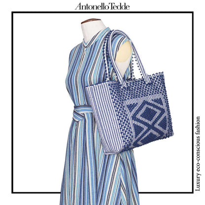 Urtei Rombi - Ethically Crafted Sardinian Handwoven Cotton tote: Sustainable Elegance preserving traditions BLUE WHITE bag