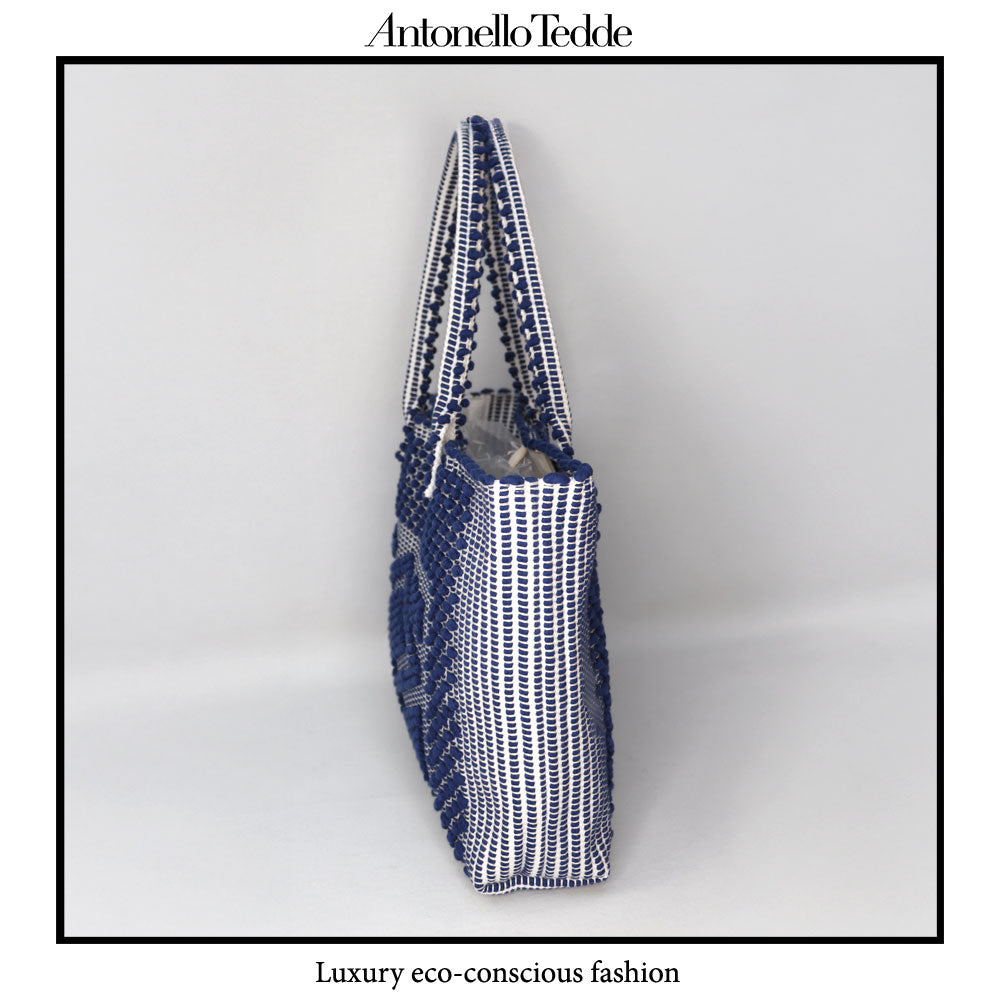 Urtei Rombi - Ethically Crafted Sardinian Handwoven Cotton tote: Sustainable Elegance preserving traditions BLUE WHITE bag