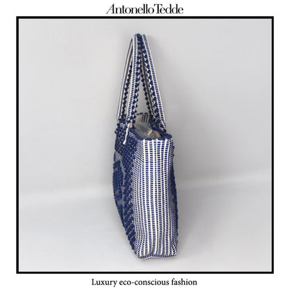 Urtei Rombi - Ethically Crafted Sardinian Handwoven Cotton tote: Sustainable Elegance preserving traditions BLUE WHITE bag
