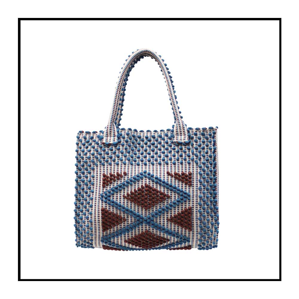 LISCIA Rombi - Sustainable handwoven medium square tote handbag - DENIM and CHOC bag