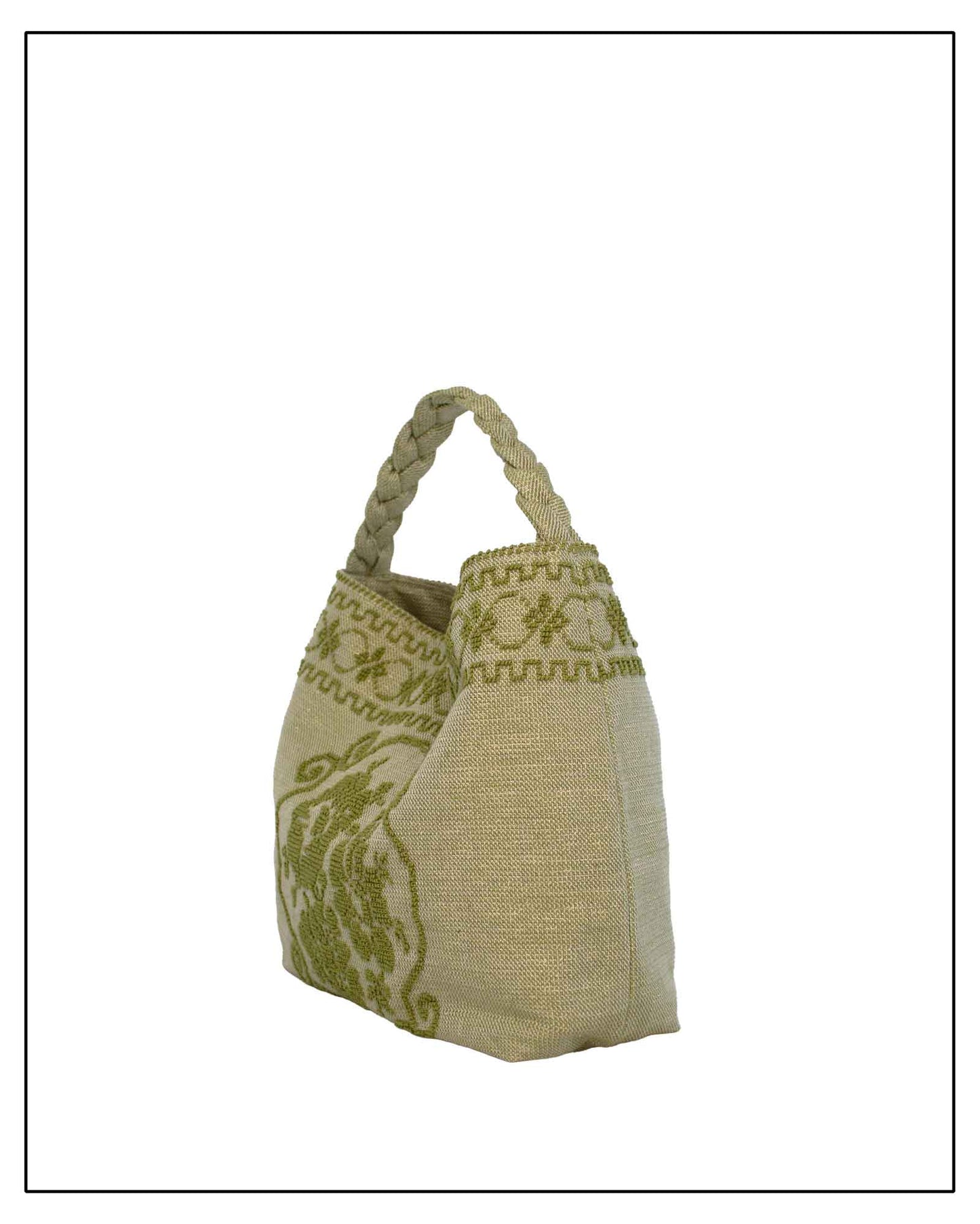 Antonello Tedde Banari Tote Bag handwoven in Sardinia using the traditional small Pibiones technique with green regenerated cotton, golden yarn, and floral bouquet motif. Side view