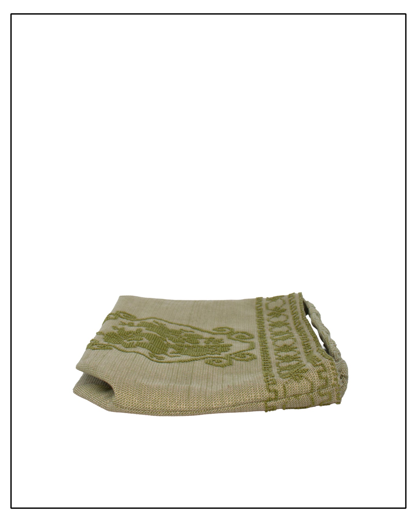 Antonello Tedde Banari Tote Bag handwoven in Sardinia using the traditional small Pibiones technique with green regenerated cotton, golden yarn, and floral bouquet motif. Folded view 