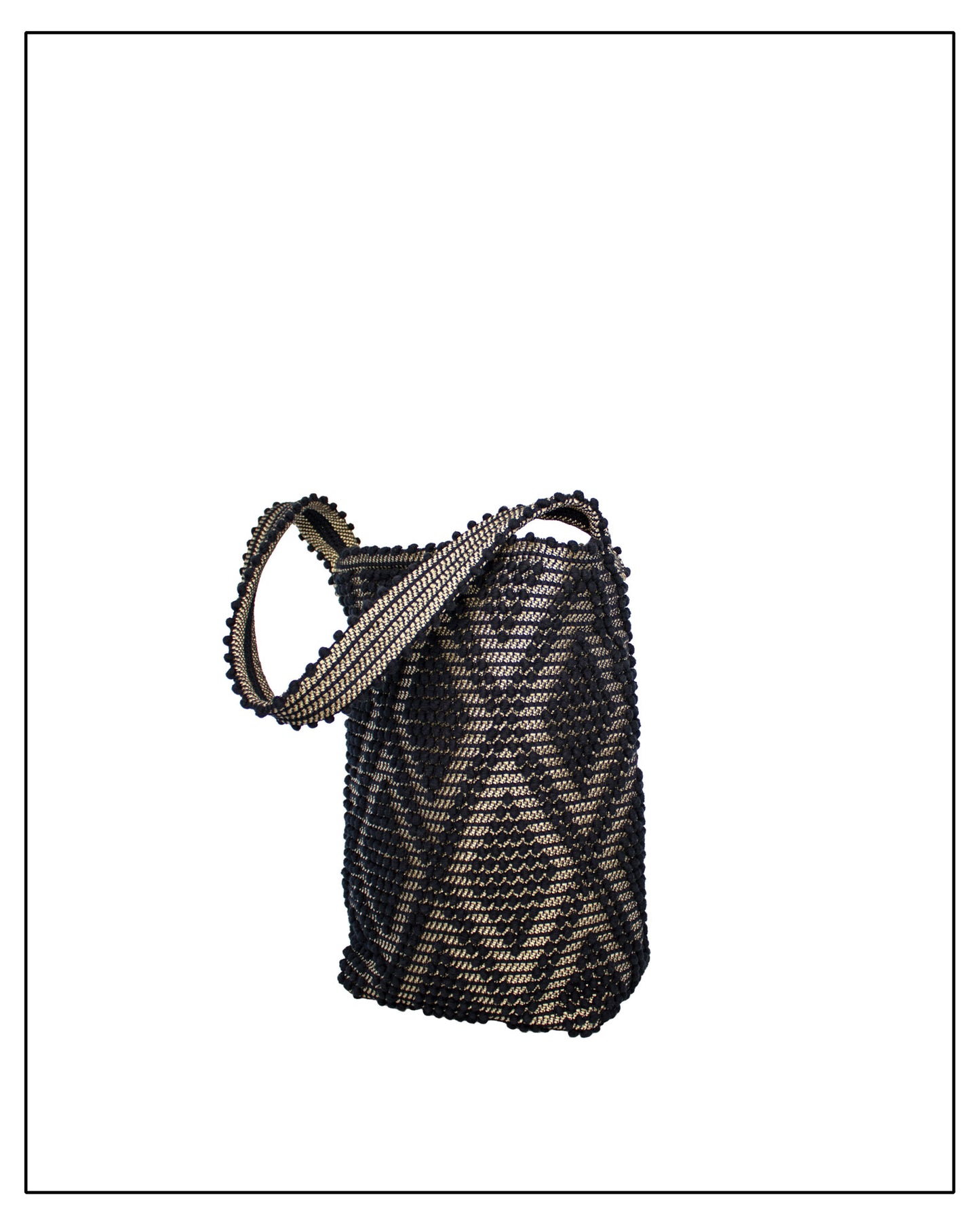 Antonello Tedde Bultei Rombi shoulder bucket bag, handwoven in Sardinia from black cotton with a shimmering golden viscose diamond pattern. 