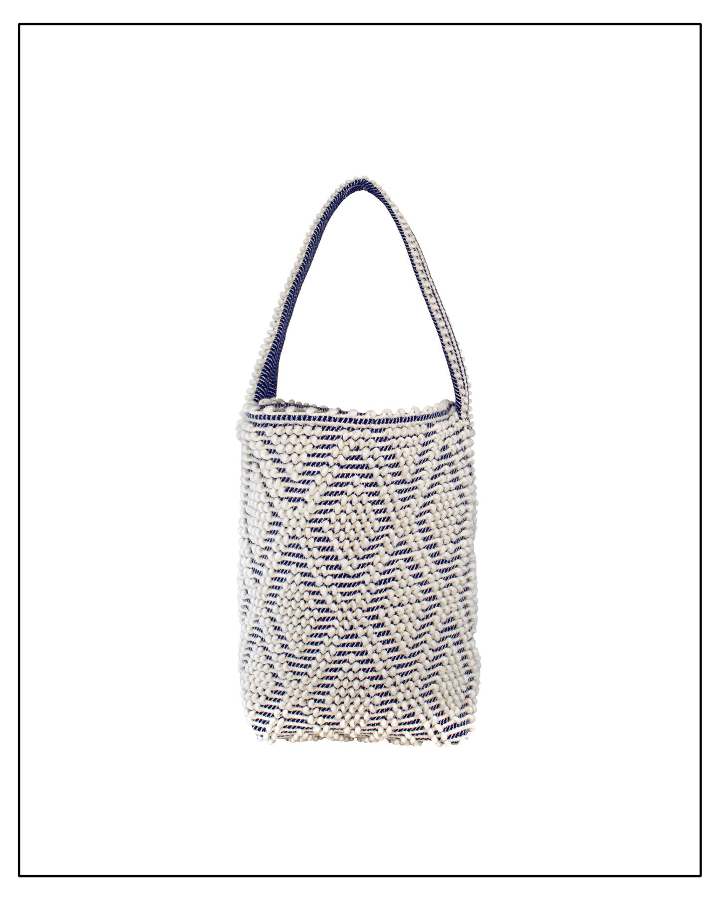 Front view of Antonello Tedde Bultei tote bag handwoven in Sardinia from Italian linen and cotton in cream and blue with timeless artisan craftsmanship.