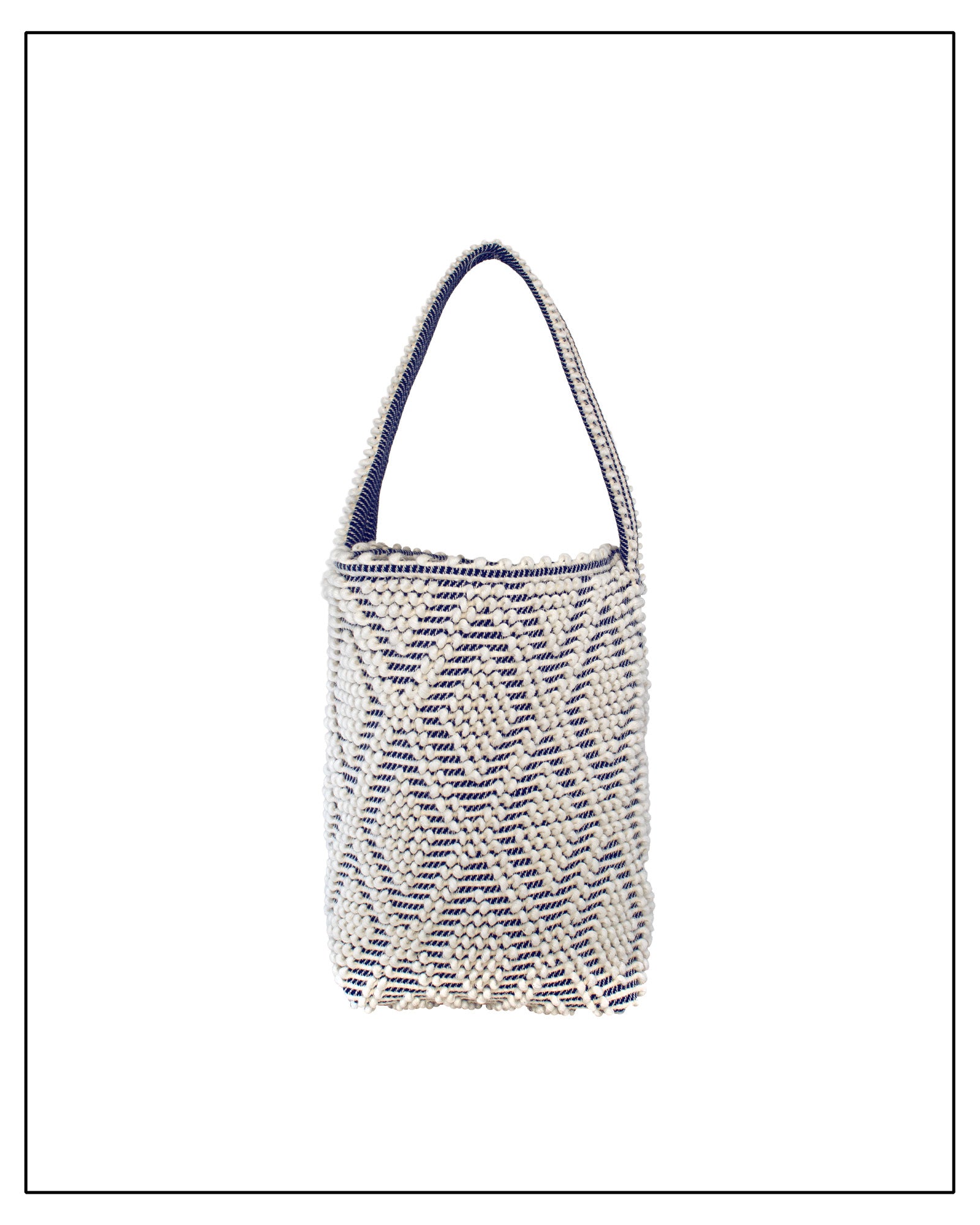 Front view of Antonello Tedde Bultei tote bag handwoven in Sardinia from Italian linen and cotton in cream and blue with timeless artisan craftsmanship.