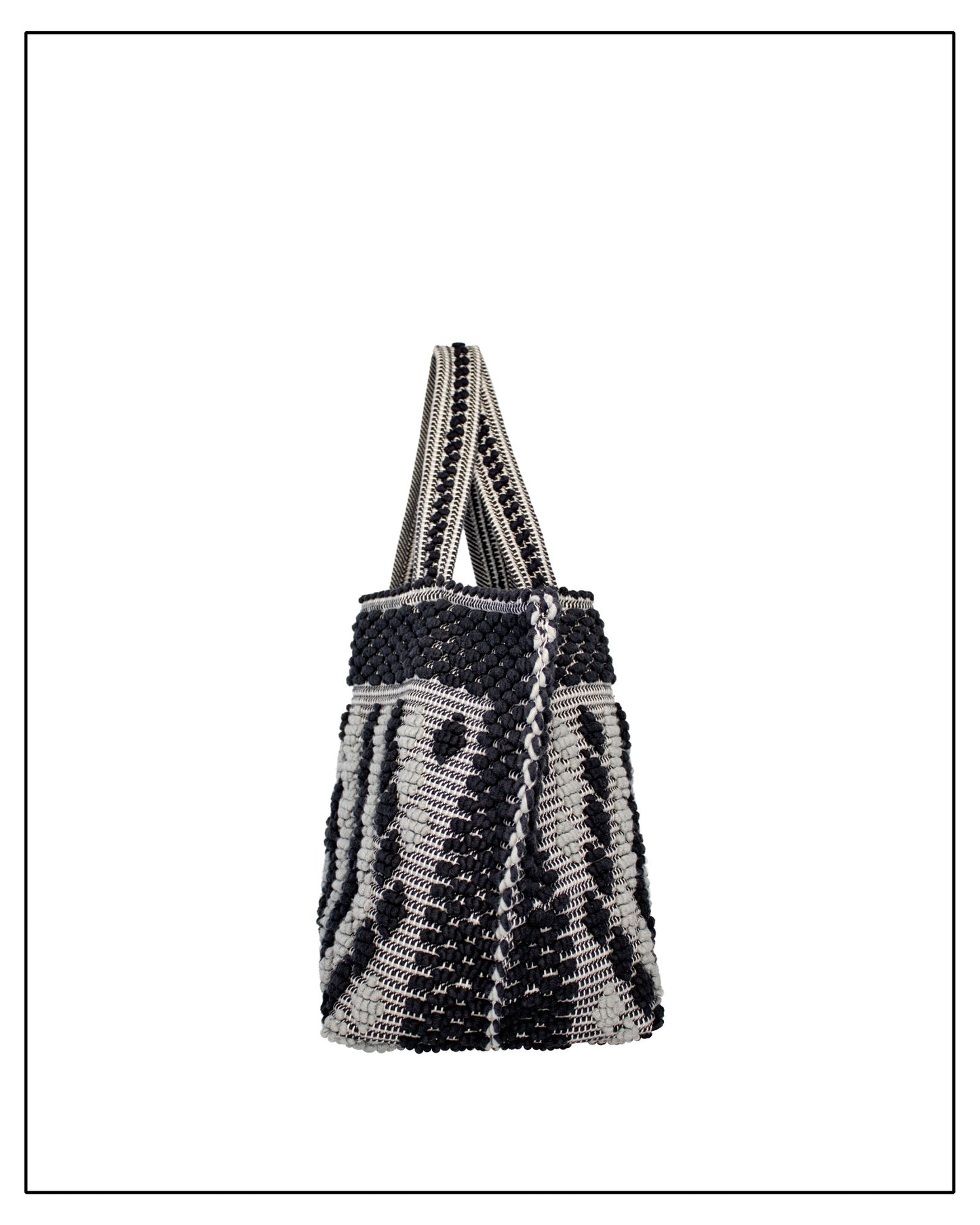 Side view two of Antonello Tedde Capriccioli Large handwoven cotton tote bag in black and grey with Rombetti small diamond pattern.