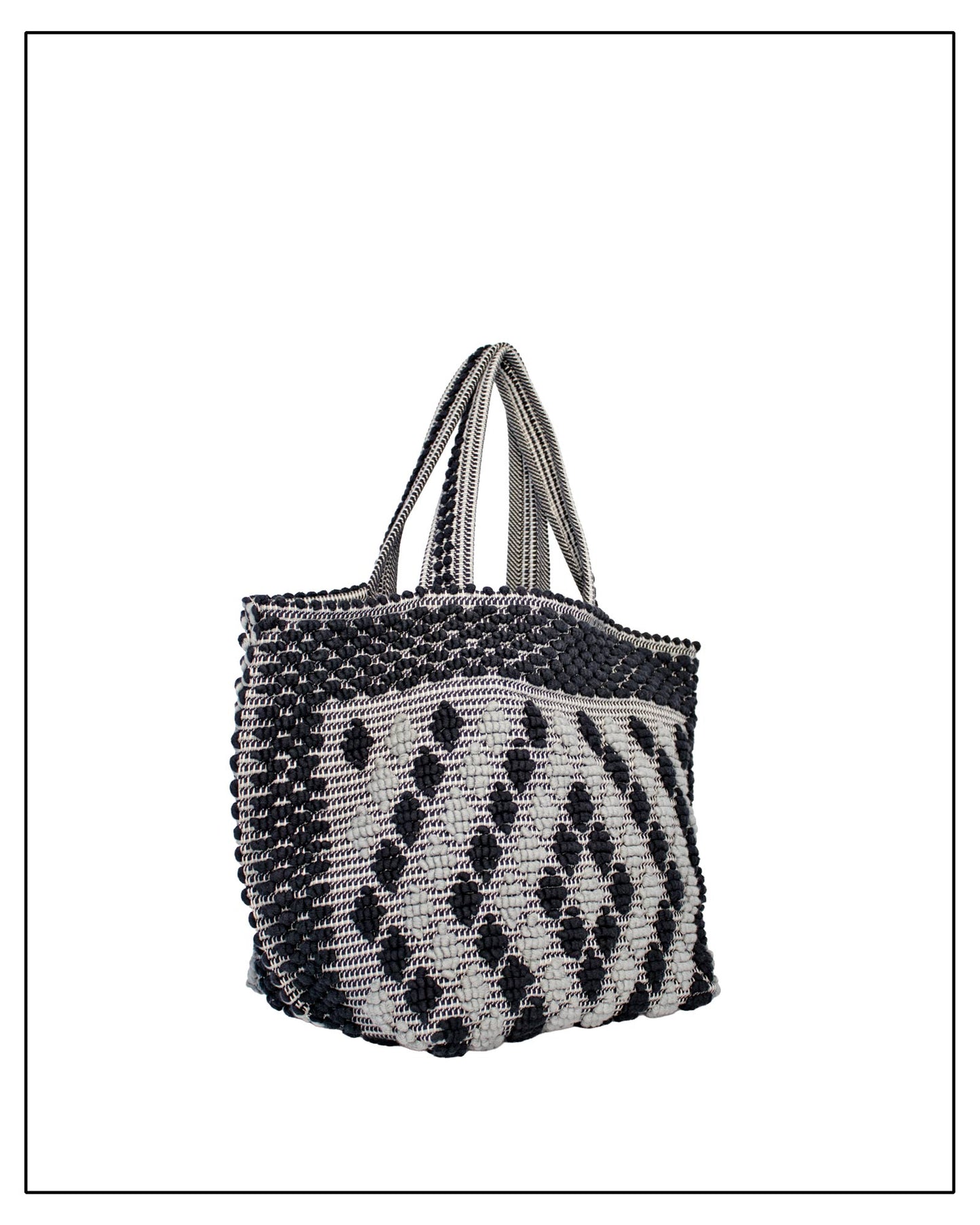 Side view of Antonello Tedde Capriccioli Large handwoven cotton tote bag in black and grey with Rombetti small diamond pattern.