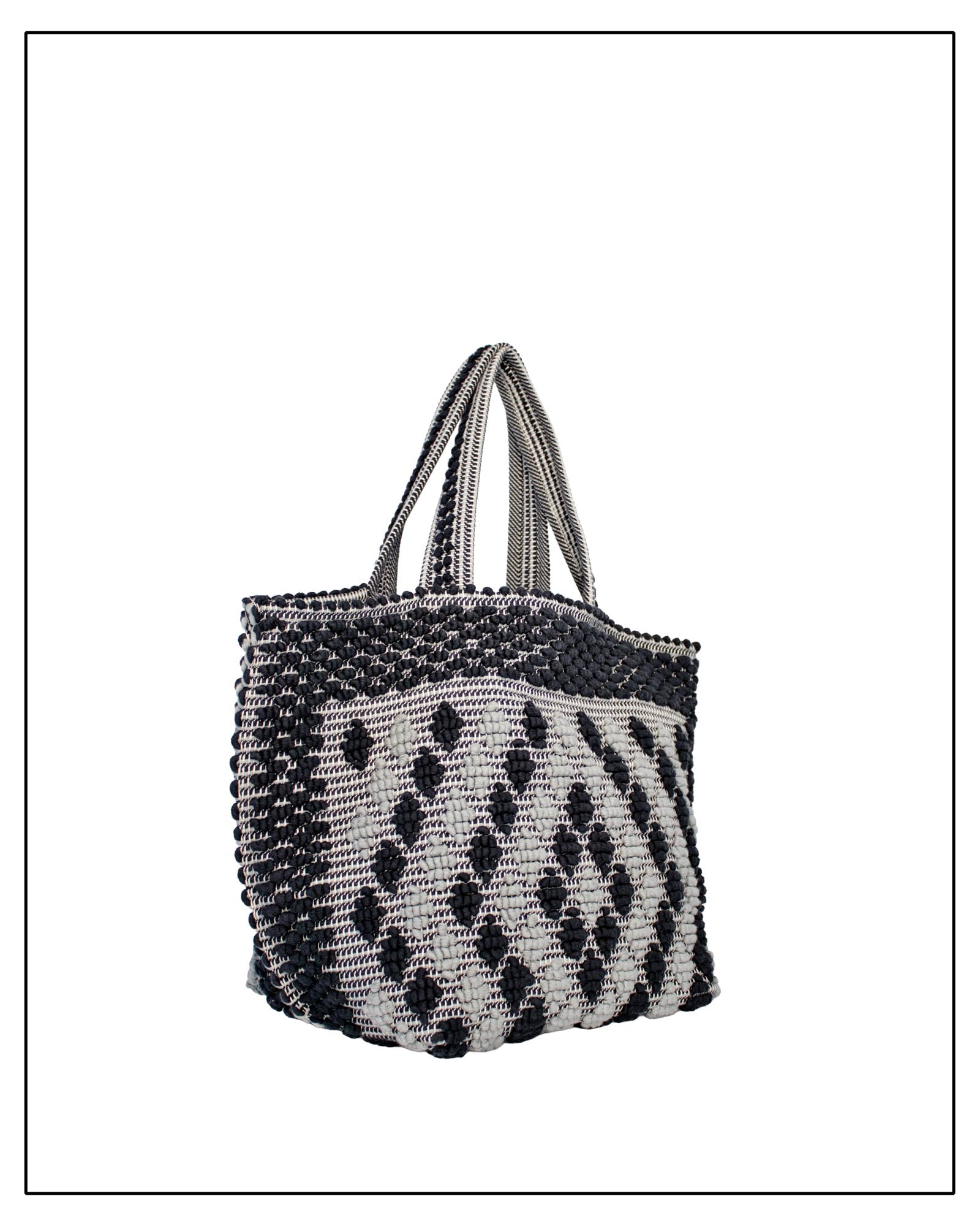 Side view of Antonello Tedde Capriccioli Large handwoven cotton tote bag in black and grey with Rombetti small diamond pattern.