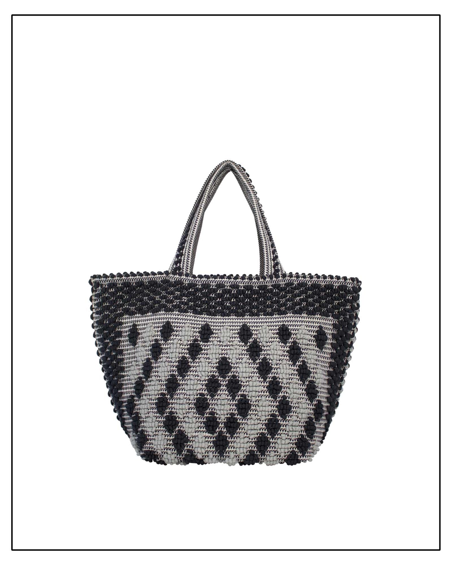 Antonello Tedde Capriccioli Large handwoven cotton tote bag in black and grey with Rombetti small diamond pattern.