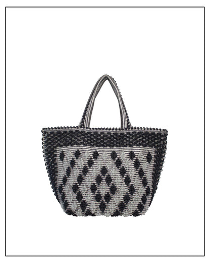 Antonello Tedde Capriccioli Large handwoven cotton tote bag in black and grey with Rombetti small diamond pattern.