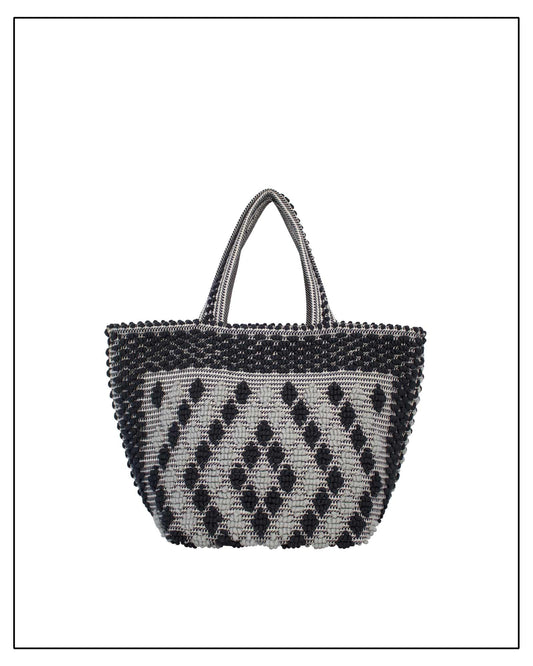 Antonello Tedde Capriccioli Large handwoven cotton tote bag in black and grey with Rombetti small diamond pattern.