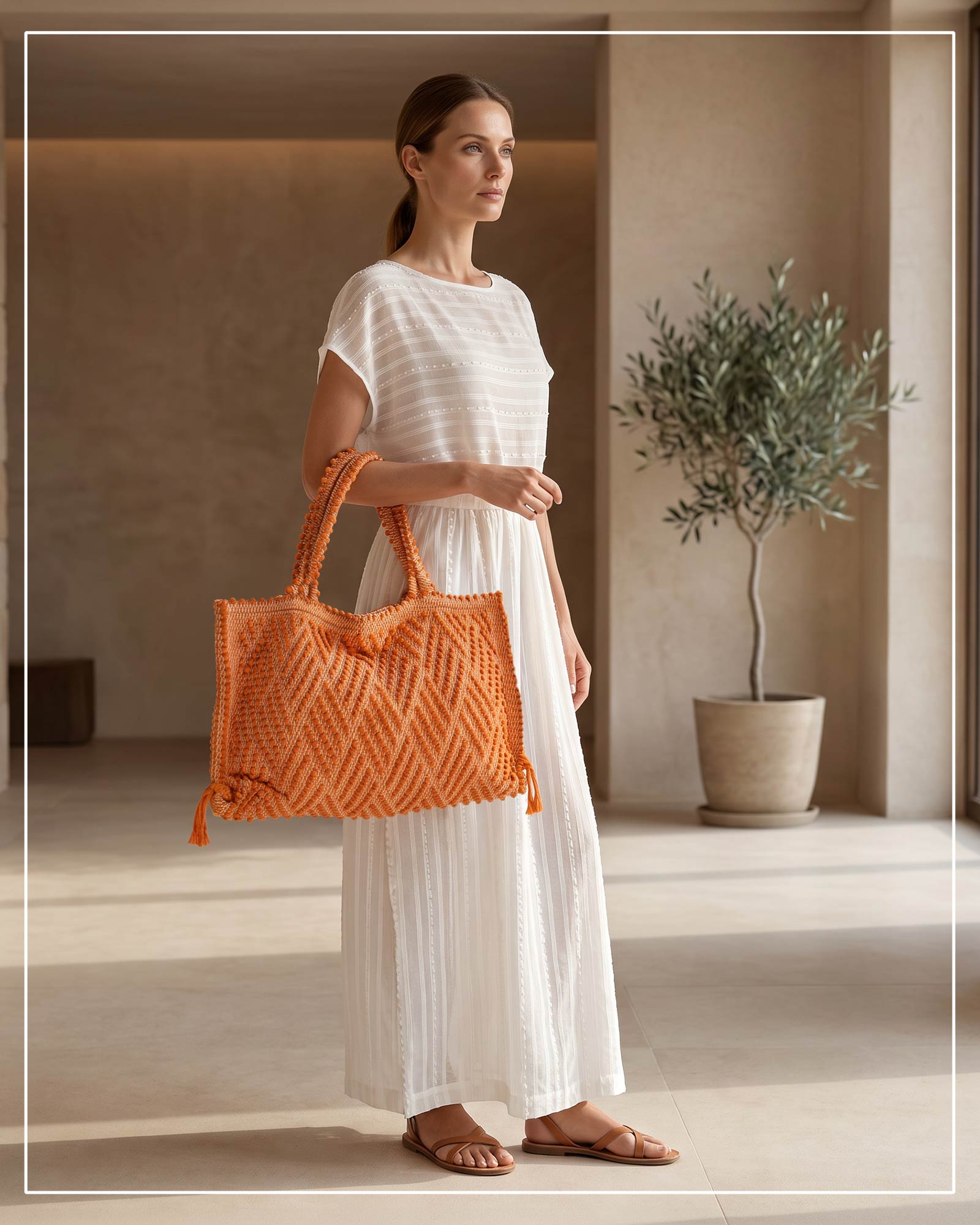 Capriccioli Medium orange handwoven tote bag by Antonello Tedde worn over the arm combined with a cream dress.