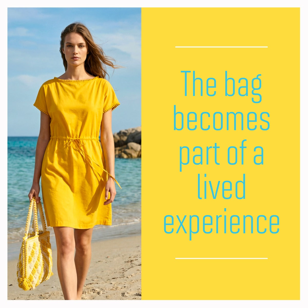 Close portrait of a model with a sustainable handwoven bag by Antonello Tedde in yellow and cream, and an above-the-knee yellow dress, on the Sardinian coast with rocks, water sand and Mediterranean vegetation. 