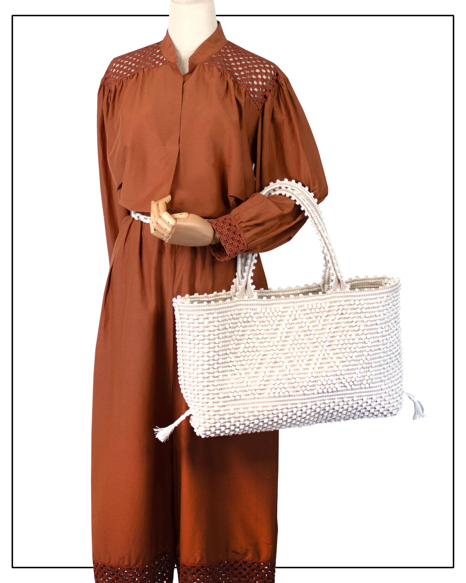 Medium tote bag cream base chestnut Ethical and Sustainable Handbags.  The best eco luxury bags and accessories brand.