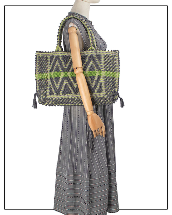 Medium TOTE grey and green ON MODEL with grey khadi dress perfect for the summer - bag - luxury handbag - handwoven tote made in Italy by hand • timeless individualistic fashion • eco-friendly fashion • socially responsible, lasting fashion