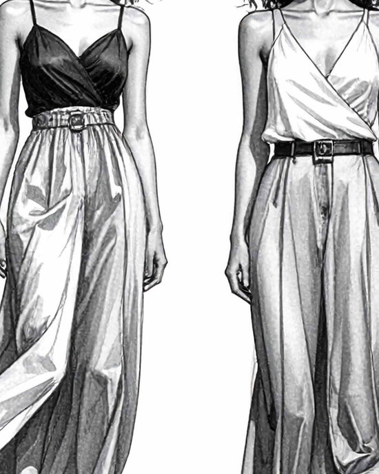 Black and white illustration of two women wearing elegant dresses with flowing skirts. A two-piece choice that reflects sustainable resort travel and artisanal design.