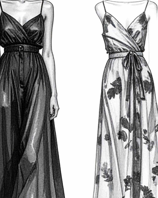 Black and white illustration of two women wearing elegant dresses with flowing skirts. A wrapround choice that reflects sustainable resort travel and artisanal design. 