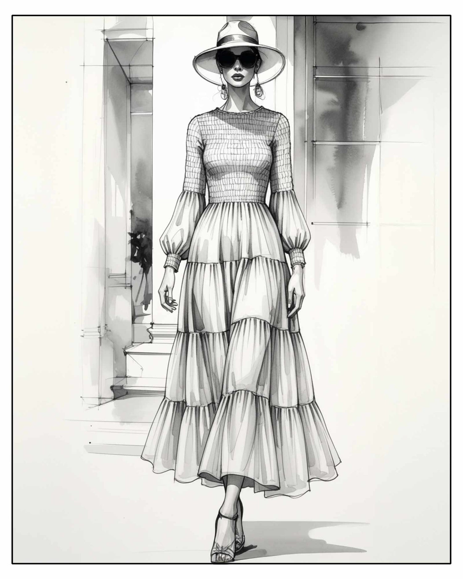 Fashion illustration of a woman wearing a smoked layered dress and hat in an outdoor setting. Minimalist illustration of a smocked midi dress in lightweight natural fabric, designed for warm-weather travel.