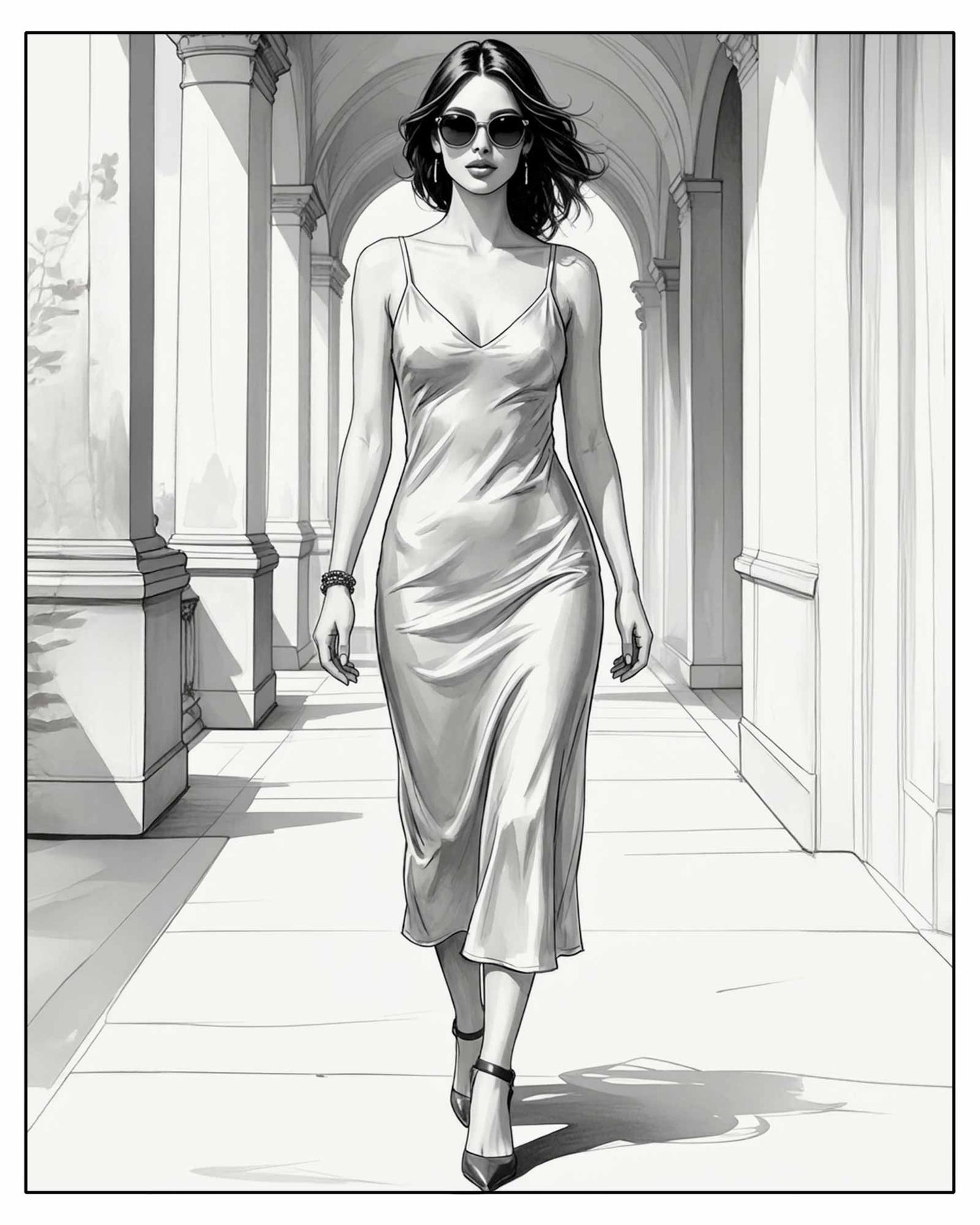 A woman in a satin dress walking through an architectural hallway. Black-and-white fashion sketch of a sculptural slip dress in fluid eco-fabric, reflecting modern resort elegance