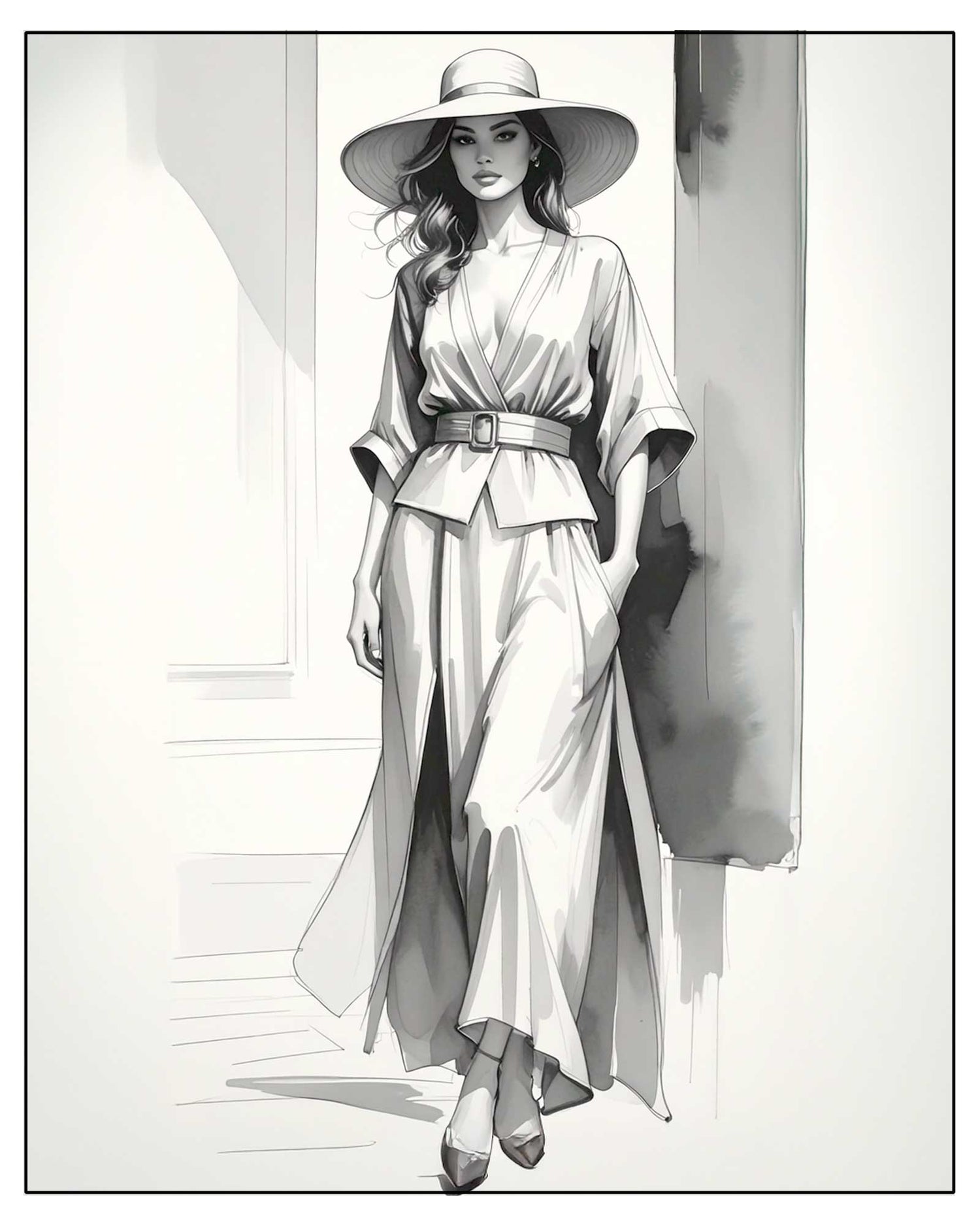 Black and white illustration of a woman in a flowing dress and a wide-brimmed hat. Black-and-white illustration of a coordinated two-piece outfit, highlighting ease, movement, and modern resort silhouettes.