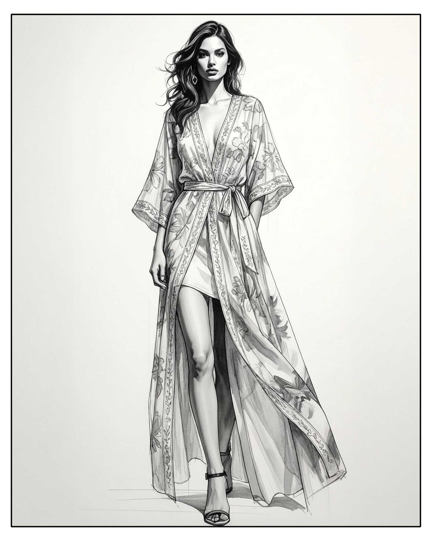 Black and white illustration of a woman wearing a long, flowing dress with floral patterns. Minimalist fashion sketch of an elevated resort cover-up designed to transition effortlessly from beachwear to evening dressing.