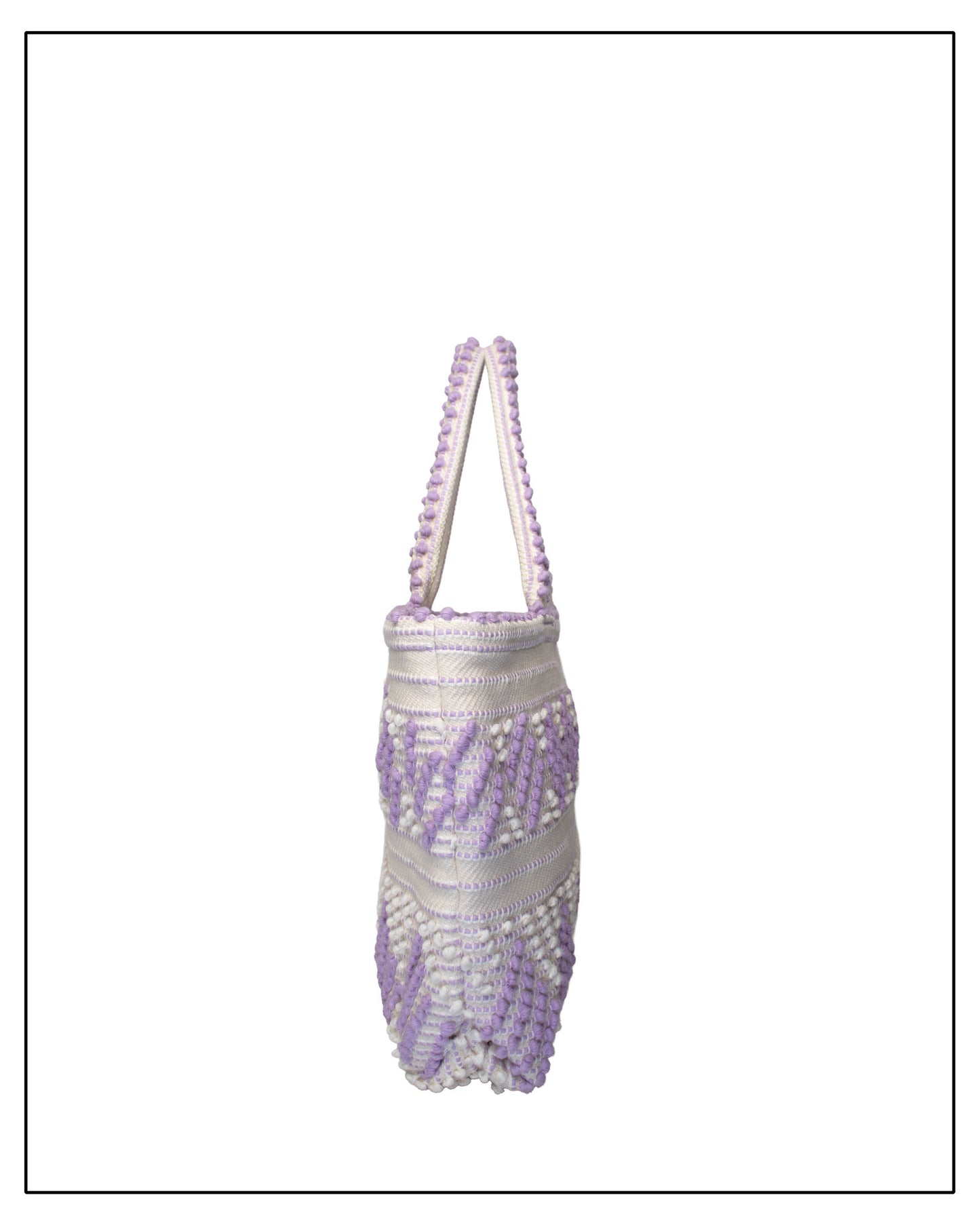 Antonello Tedde Mugoni Zig Zag Tote Bag, handwoven in Sardinia from linen and cotton with geometric zig zag weave and diamond motifs -  Side view of tote bag with purple on a cream background