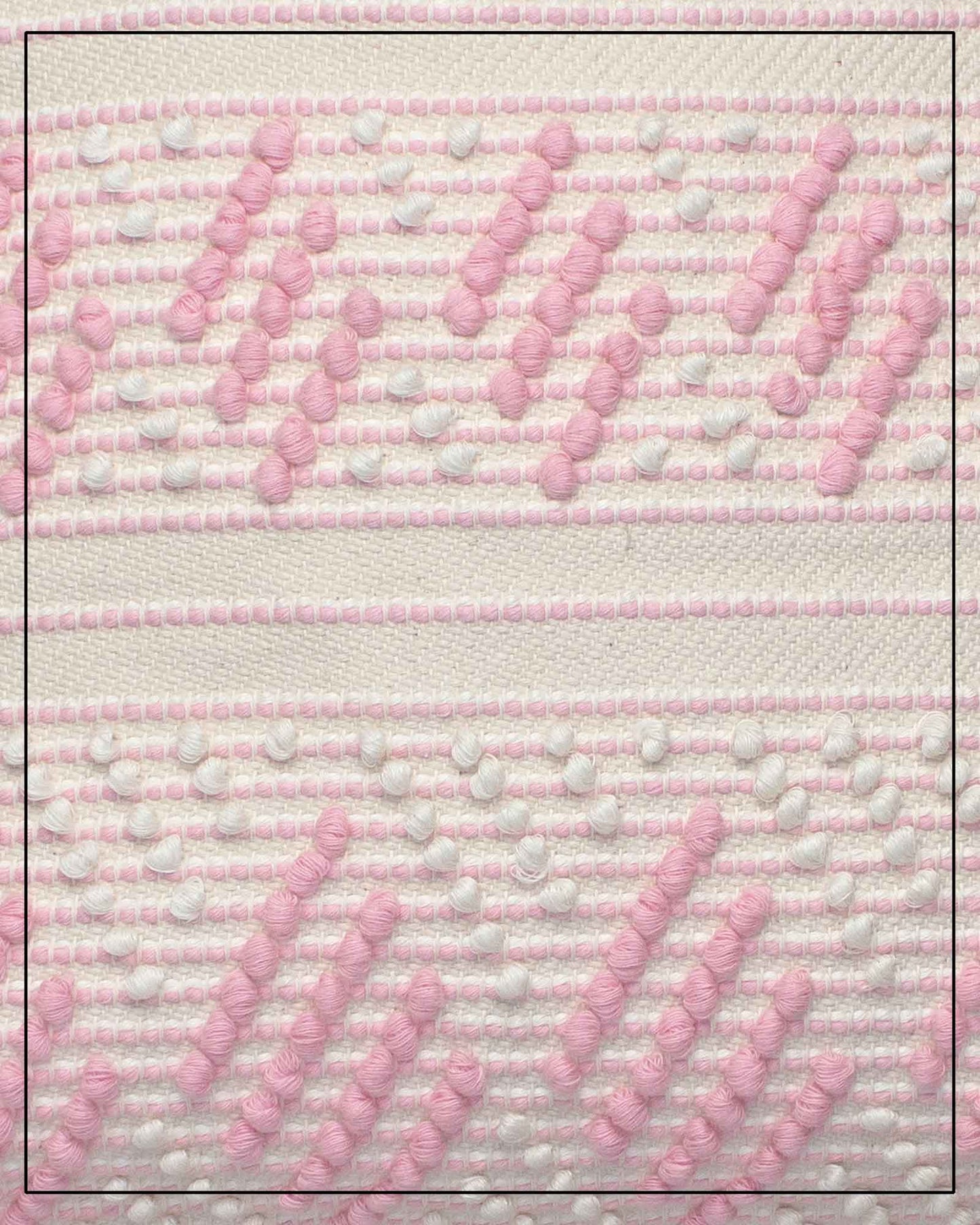 Antonello Tedde Mugoni Zig Zag Tote Bag, handwoven in Sardinia from linen and cotton with geometric zig zag weave and diamond motifs -  fabric detail view of tote bag with pink on a cream background
