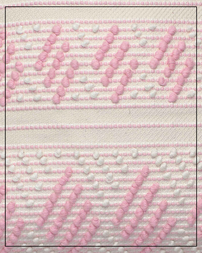 Antonello Tedde Mugoni Zig Zag Tote Bag, handwoven in Sardinia from linen and cotton with geometric zig zag weave and diamond motifs -  fabric detail view of tote bag with pink on a cream background