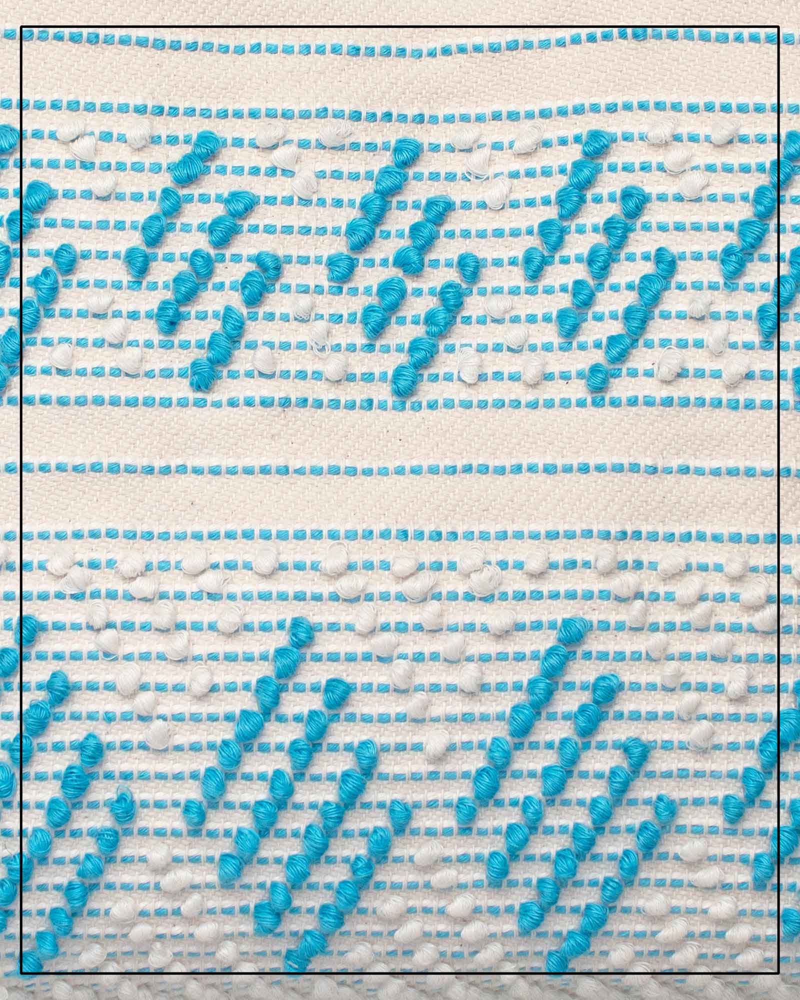 Antonello Tedde Mugoni Zig Zag Tote Bag, handwoven in Sardinia from linen and cotton with geometric zig zag weave and diamond motifs - close up view of tote bag with turquoise on a cream background