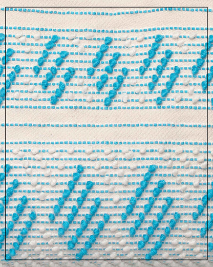 Antonello Tedde Mugoni Zig Zag Tote Bag, handwoven in Sardinia from linen and cotton with geometric zig zag weave and diamond motifs - close up view of tote bag with turquoise on a cream background