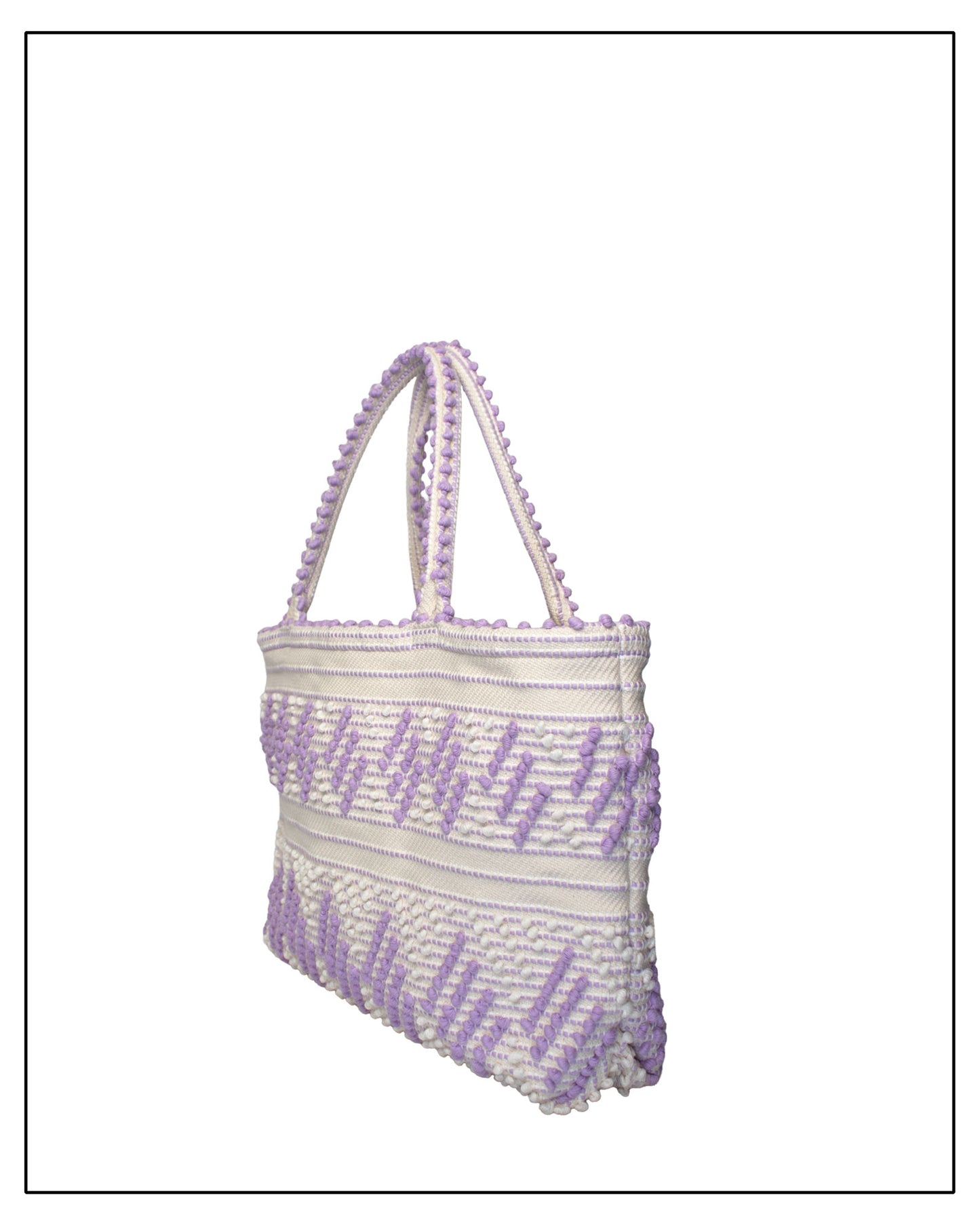 Antonello Tedde Mugoni Zig Zag Tote Bag, handwoven in Sardinia from linen and cotton with geometric zig zag weave and diamond motifs -  side view of tote bag with purple on a cream background