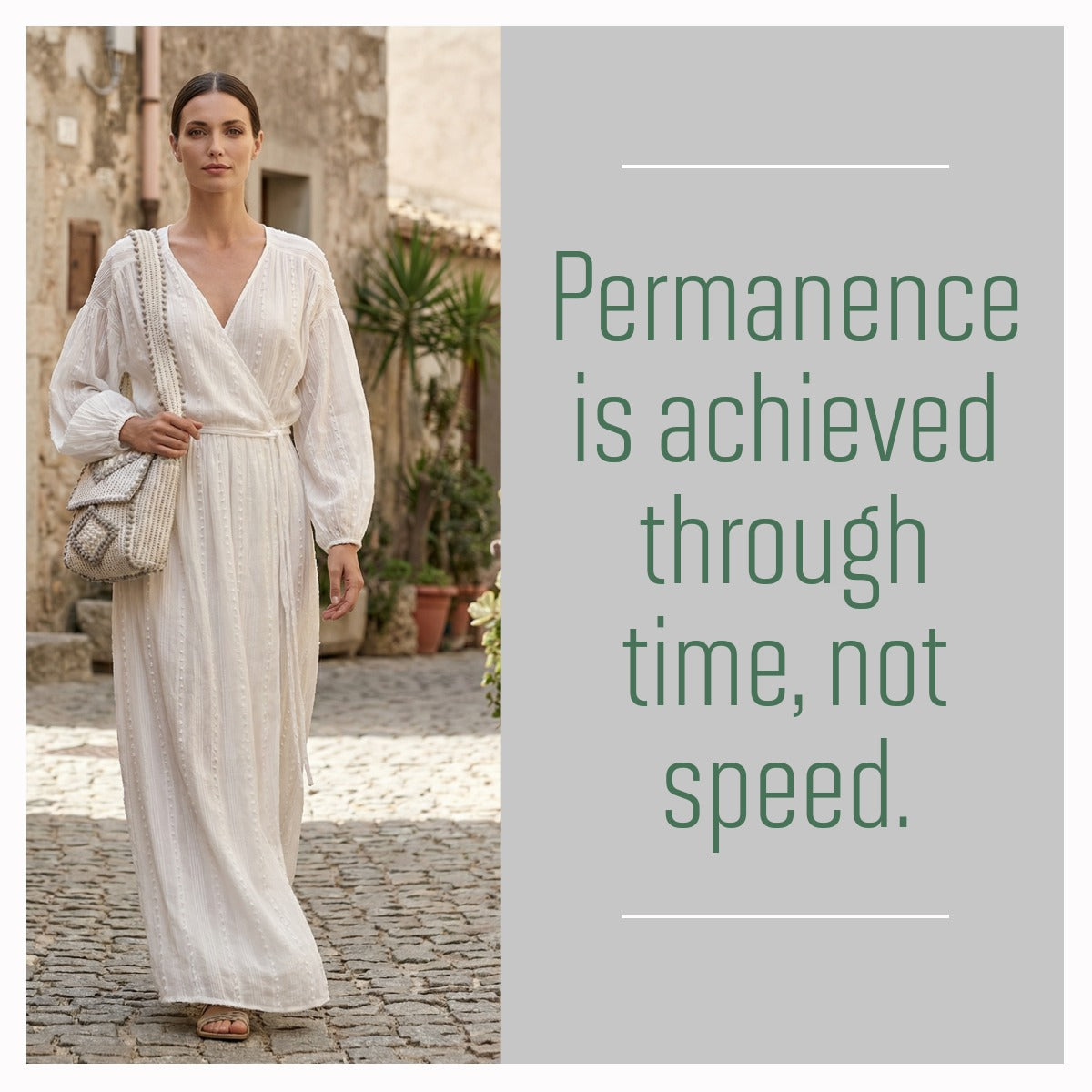 A woman in a long white dress standing in an outdoor setting with a Handwoven sustainable bag by Antonello Tedde, photographed in a traditional Sardinian village.
