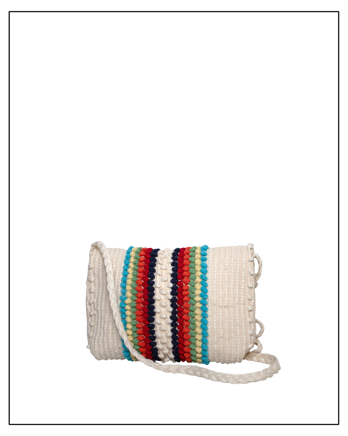 Back view of an Antonello Tedde Suni Arco crossbody bag handwoven in Sardinia in cream linen and cotton with colourful raised stripes and braided shoulder strap.