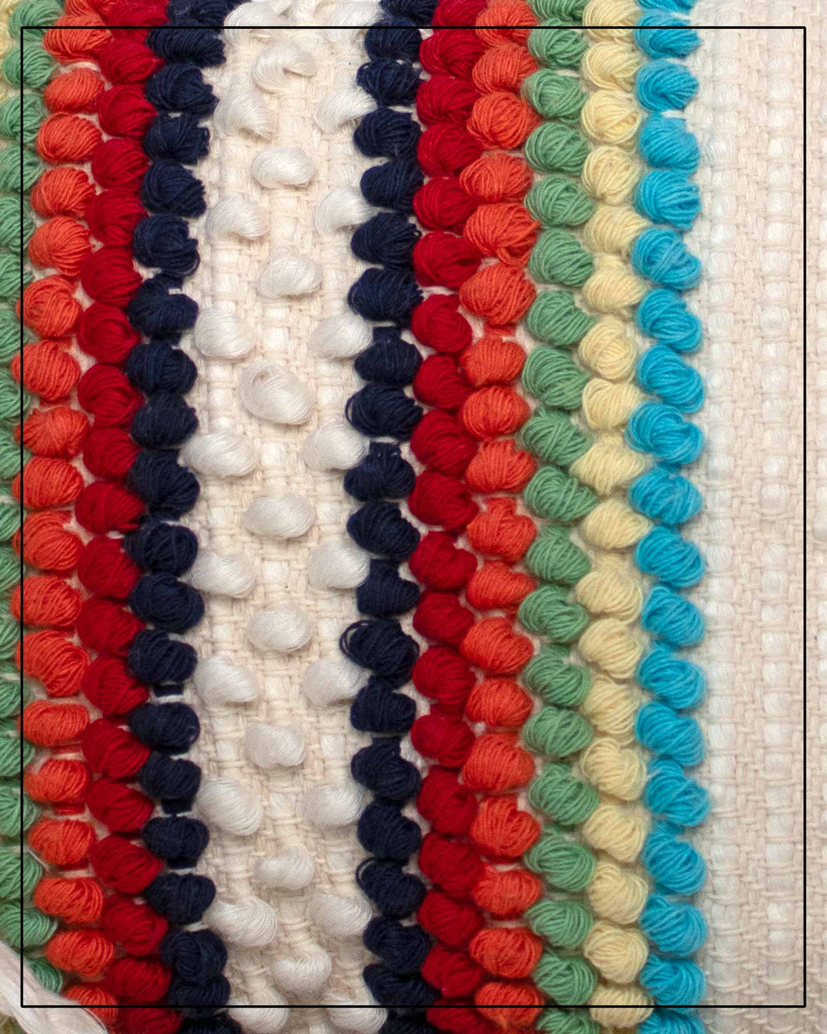 A close-up of a woven textile view of an Antonello Tedde Suni Arco crossbody bag, handwoven in Sardinia in cream linen and cotton with colourful raised stripes and a braided shoulder strap.