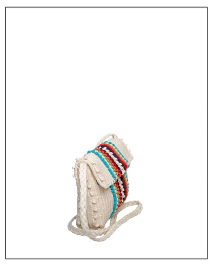 Side view of an Antonello Tedde Suni Arco crossbody bag handwoven in Sardinia in cream linen and cotton with colourful raised stripes and braided shoulder strap.