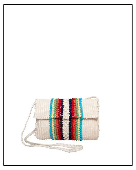 Main  view of Antonello Tedde Suni Arco crossbody bag handwoven in Sardinia in cream linen and cotton with colourful raised stripes and braided shoulder strap.