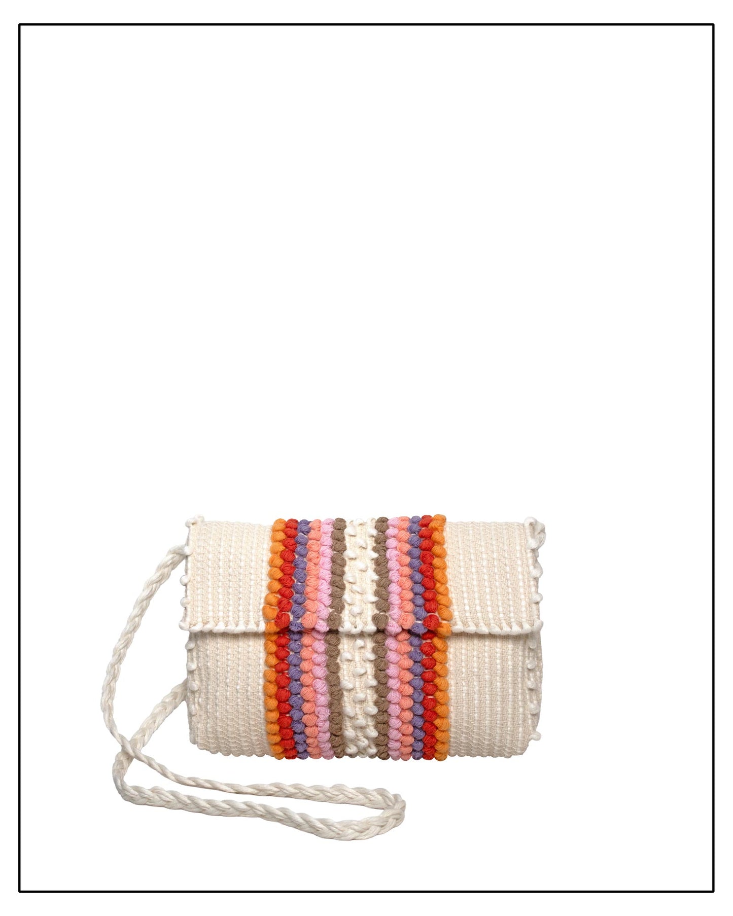 Main View of Antonello Tedde Suni Fire crossbody bag handwoven in Sardinia in cream linen and cotton with colourful raised stripes and braided shoulder strap.