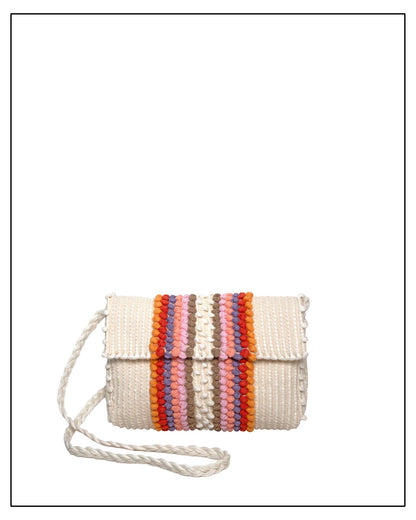 Main View of Antonello Tedde Suni Fire crossbody bag handwoven in Sardinia in cream linen and cotton with colourful raised stripes and braided shoulder strap.