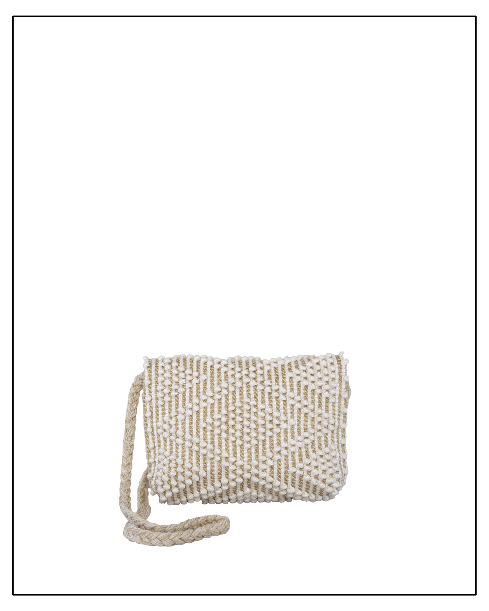 Back view of an Antonello Tedde Suni Small crossbody bag handwoven in Sardinia in cream Italian linen, ivory and subtle golden yarn with braided strap.