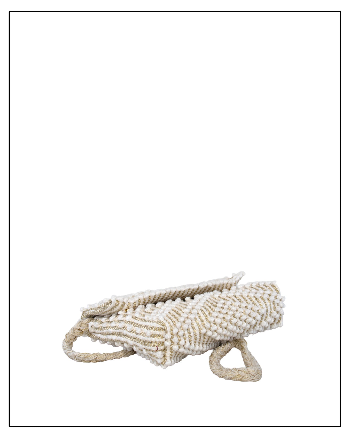 Flat view of an Antonello Tedde Suni Small crossbody bag handwoven in Sardinia in cream Italian linen, ivory and subtle golden yarn with braided strap.