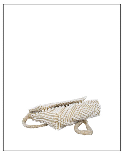 Flat view of an Antonello Tedde Suni Small crossbody bag handwoven in Sardinia in cream Italian linen, ivory and subtle golden yarn with braided strap.