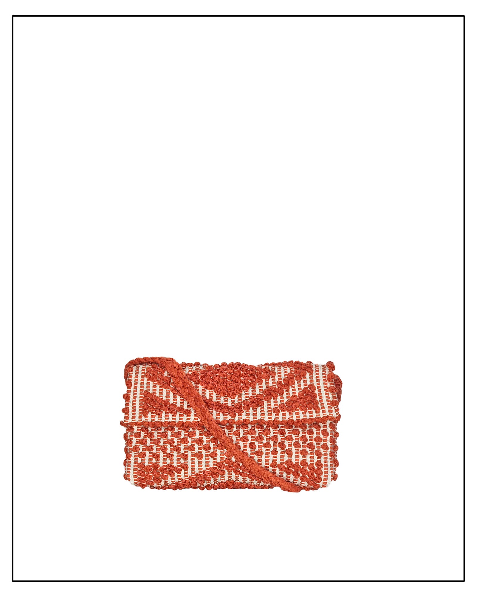 Main view of Antonello Tedde Suni Square crossbody bag handwoven in Sardinia in coral and cream cotton with raised geometric pattern and braided strap
