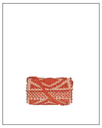 Main view of Antonello Tedde Suni Square crossbody bag handwoven in Sardinia in coral and cream cotton with raised geometric pattern and braided strap