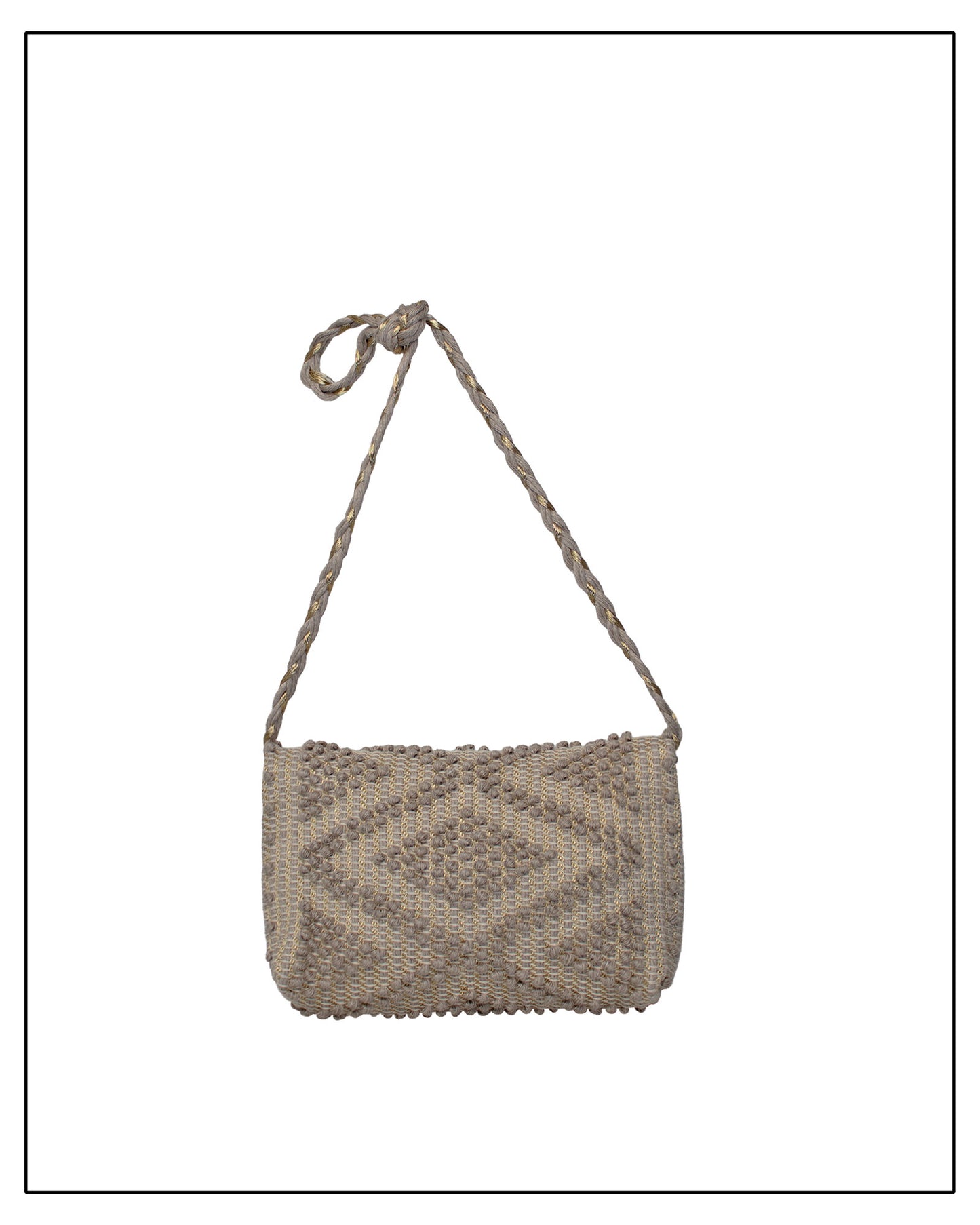 Back view of Antonello Tedde Suni Square crossbody bag handwoven in Sardinia in natural cord linen with subtle golden yarn and braided shoulder strap