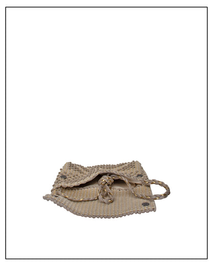 Open view of an Antonello Tedde Suni Square crossbody bag handwoven in Sardinia in natural cord linen with subtle golden yarn and braided shoulder strap