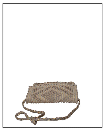 Flat view of Antonello Tedde Suni Square crossbody bag handwoven in Sardinia in natural cord linen with subtle golden yarn and braided shoulder strap