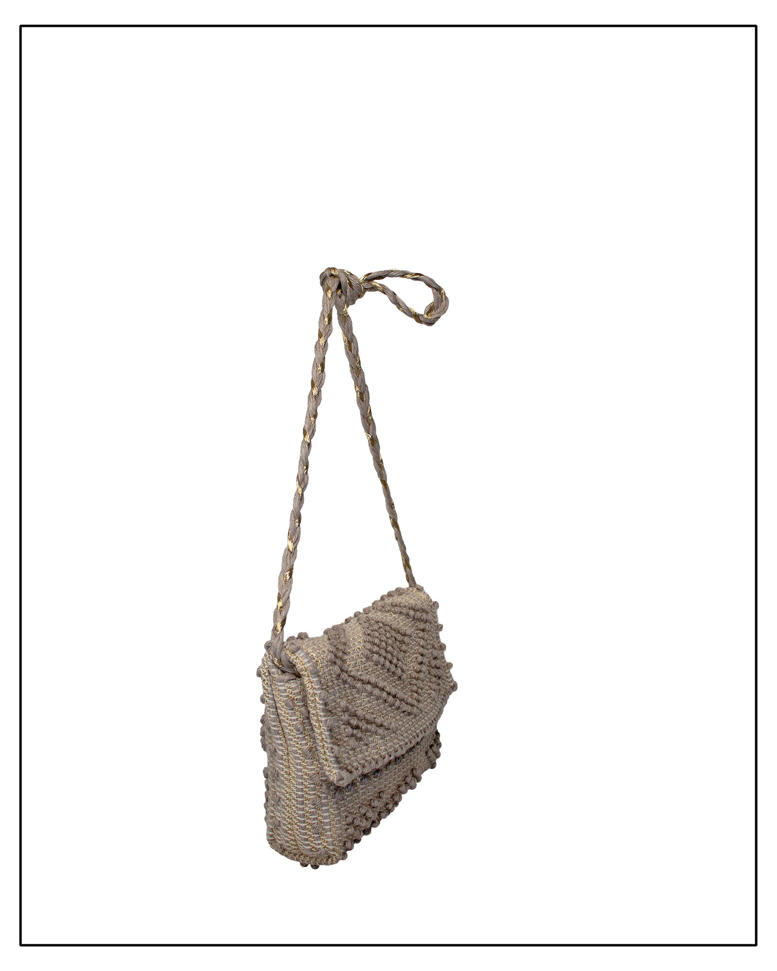 Side view of Antonello Tedde Suni Square crossbody bag handwoven in Sardinia in natural cord linen with subtle golden yarn and braided shoulder strap